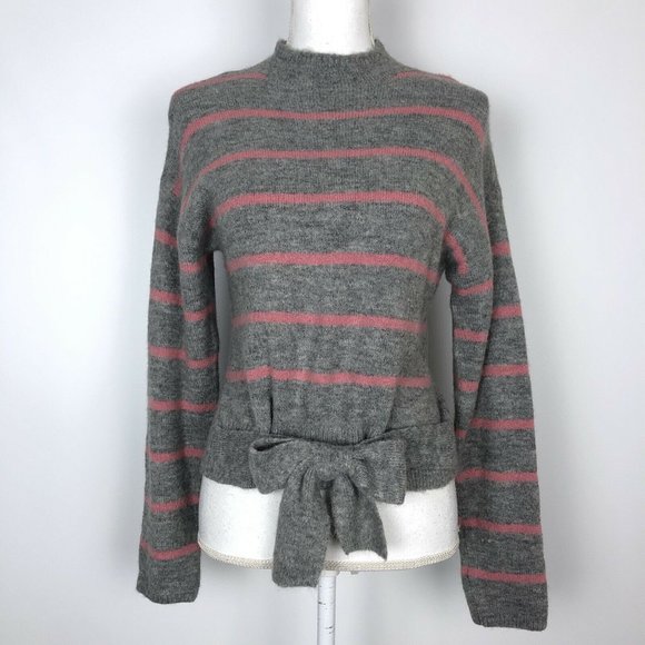 Wayf Sweaters - NWT WAYF Mock Neck Tie Waist Wool Blend Sweater Gray Pink Stripe Stretch